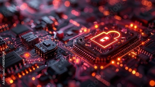 Fototapeta Glowing neon circuit board with lock icon signifies digital security and advanced technology innovation