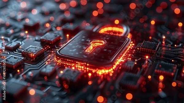 Fototapeta Digital padlock glowing on futuristic circuit board symbolizing cybersecurity and data protection