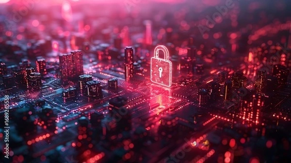 Fototapeta Glowing digital city skyline with iconic padlock symbolizing cybersecurity and data protection