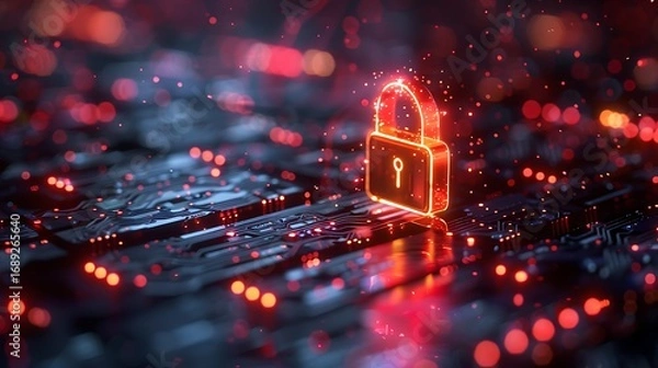 Fototapeta Glowing digital padlock symbolizes secure data protection and cybersecurity on futuristic circuit board