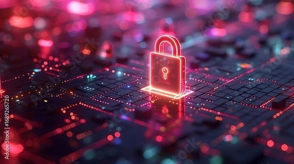 Fototapeta Secure your digital world with this glowing padlock on a circuit board, symbolizing cybersecurity and data protection.