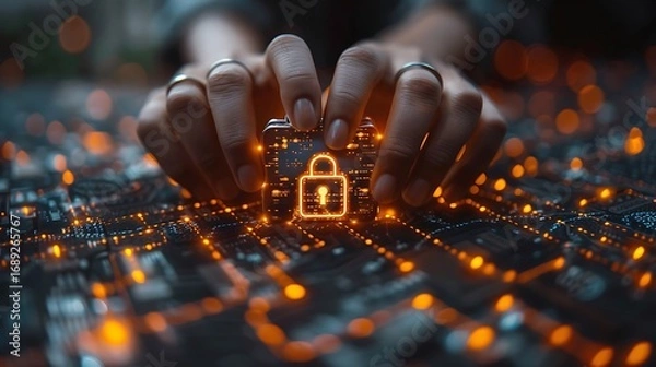 Fototapeta Secure your digital world with glowing lock icon on circuit board, data protection concept