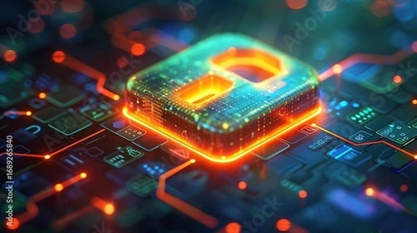 Fototapeta Secure digital data encryption glowing on futuristic circuit board, cyber protection concept