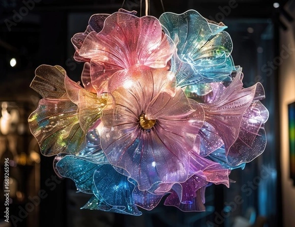 Fototapeta Multi-colored, translucent chandelier with intricate floral design