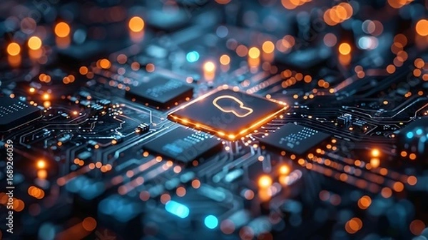 Fototapeta Digital padlock secures glowing circuit board with vibrant neon data streams creating secure network