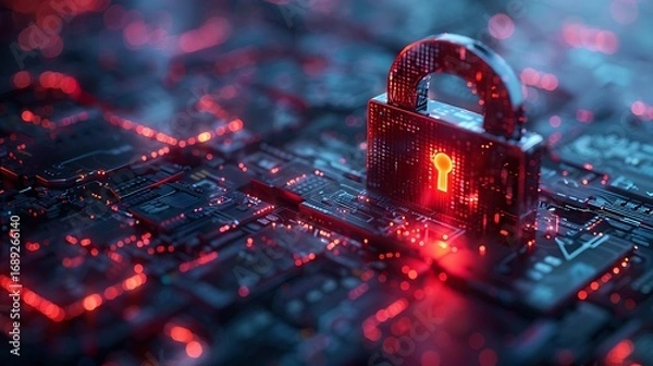 Fototapeta Cybersecurity lock protects digital data on glowing circuit board, offering secure technology solutions