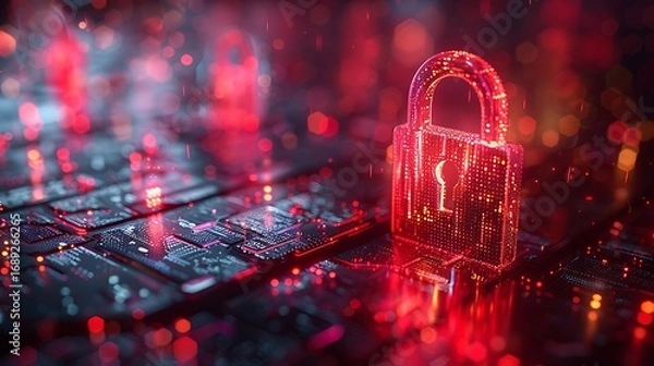 Fototapeta Digital padlock glows intensely safeguarding data with futuristic circuit board background