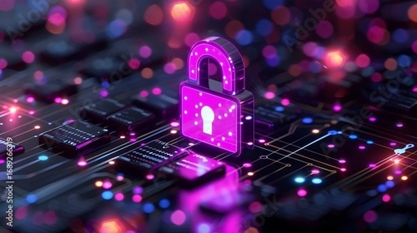 Fototapeta Secure your digital world with this vibrant glowing padlock on a futuristic circuit board