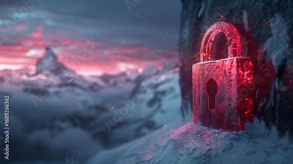 Fototapeta Secure your digital world with this striking red crystal padlock in a breathtaking frozen mountain landscape
