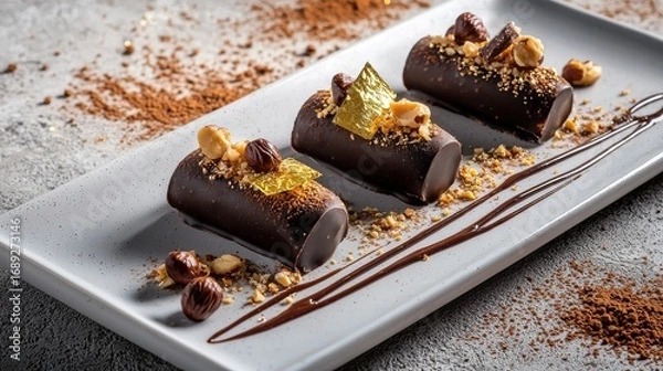 Fototapeta Premium chocolate hazelnut praline dessert logs with gold leaf garnish and crushed nuts on elegant white ceramic serving plate for fine dining