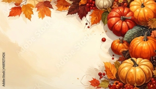 Fototapeta fall harvest scene with colorful pumpkins, leaves and berries on a warm background 