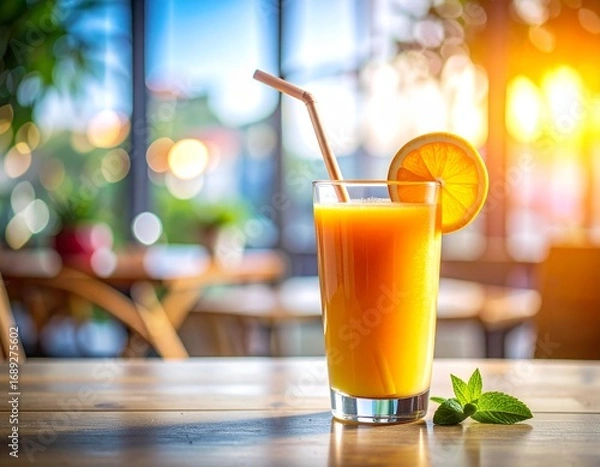 Fototapeta Glass of fresh orange juice with a straw and orange slice, on a wooden table with bright, sunny background.