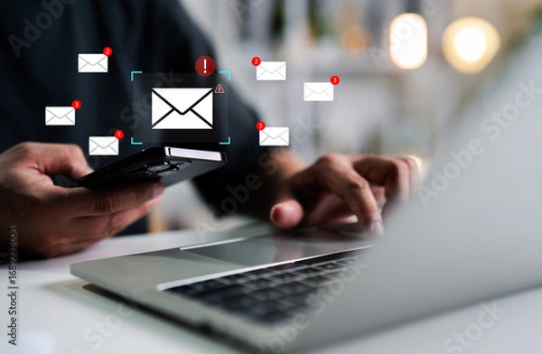 Fototapeta A Businessman working on a laptop, mobile phone open an email caution warning sign for notification error and maintenance concept, network security, computer virus detected, personal data protection.