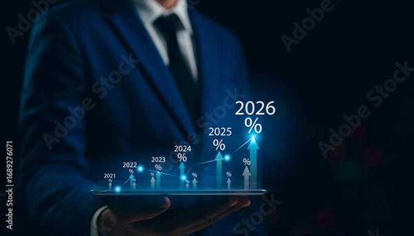 Fototapeta New Year 2026 Business start-up to goals, A businessman touches taps start-up button 2025 to 2026 for New Year 2026, sets goals, for develops strategies to achieve better results success in the future