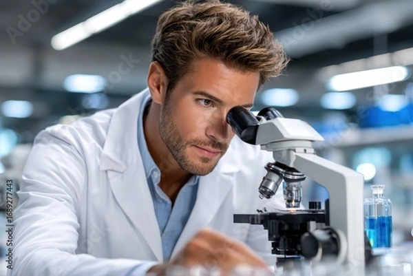 Fototapeta Scientist examines samples closely under microscope in modern laboratory setting