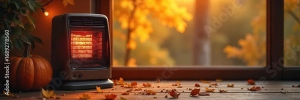 Obraz Cozy autumn scene featuring a warm, inviting space heater radiating gentle heat against a backdrop of fall foliage Perfect for seasonal comfort and energy efficiency themes , yellow, fall colors