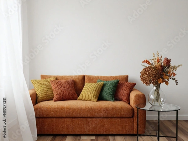Fototapeta autumn modern interior design with orange sofa and fall flowers on the glass table