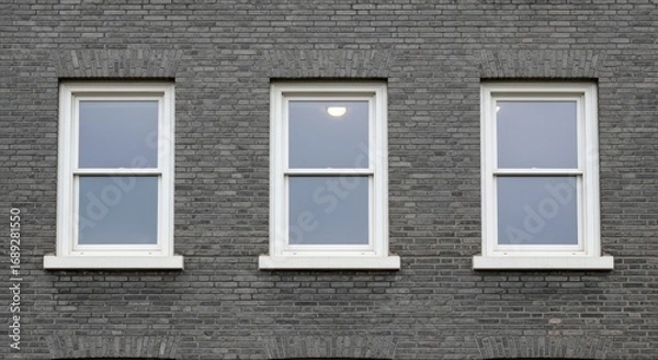 Fototapeta Three Identical Windows on a Gray Brick Building Facade