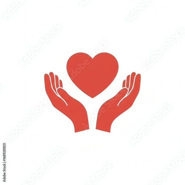 Fototapeta Stylized vector graphic displaying a red heart held protectively in two hands on a clean, white background.