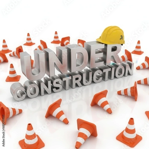 Fototapeta A 3D rendering of the text 'UNDER CONSTRUCTION', a yellow helmet and scattered safety cones.