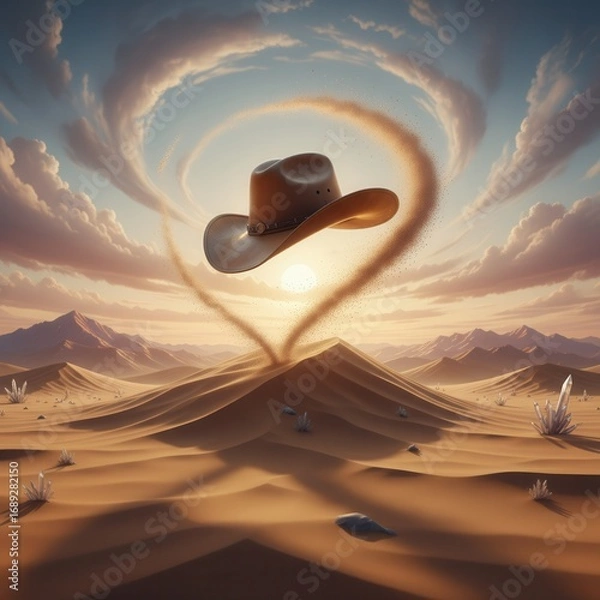Fototapeta A surreal desert scene features a cowboy hat suspended mid-air, creating a whimsical and artistic mood.
