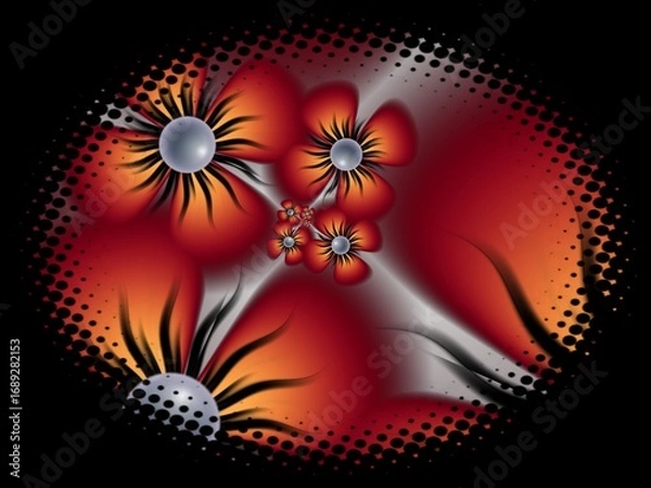 Fototapeta Fractal image in an oval frame with flowers on a dark background..Template with place for inserting your text.Multicolor flowers.