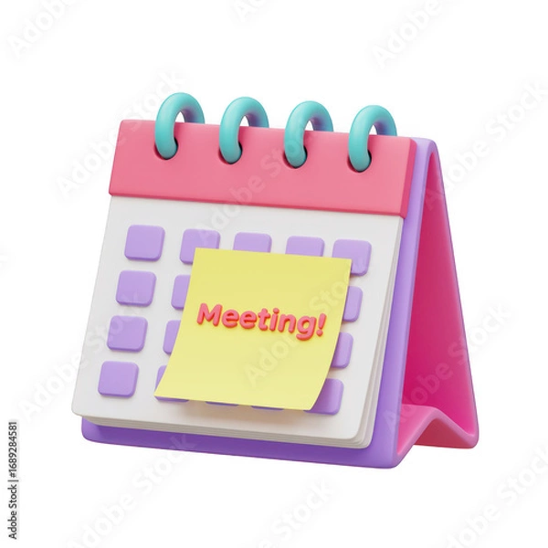 Fototapeta 3d cartoon desk calendar with meeting reminder sticky note isolated on transparent background