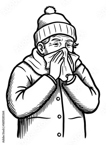 Fototapeta Sick Grandpa Blowing Nose with Tissue Wearing Winter Clothes Black and White Outline Line Art Drawing