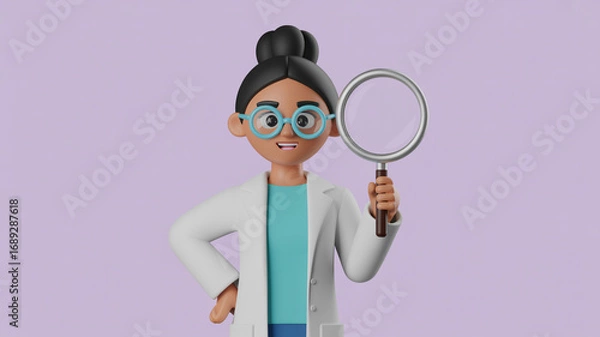 Fototapeta Cartoon doctor woman with magnifying glass searching for cure research and medical discovery concept