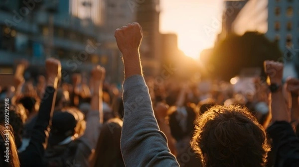 Fototapeta Crowd of People Raising Fists During Protest with Sunset in the Background in Urban Environment