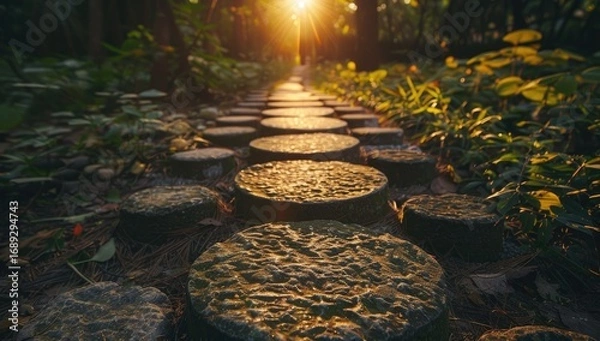 Fototapeta Sunlit path of rounded stones in a lush garden