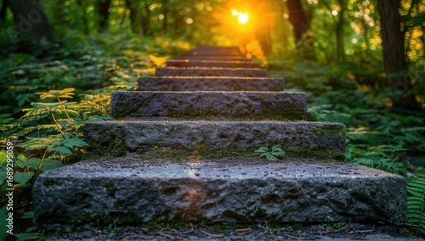 Fototapeta Stone steps ascend through a sunlit forest (1)