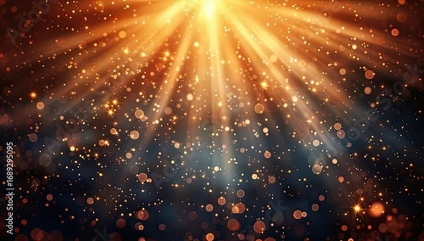 Fototapeta Radiant golden light bursts from a central point, radiating outwards through a dark backdrop filled with glittering particles