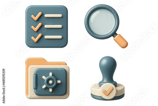 Fototapeta A collection of 3D business verification symbols including a checklist, magnifying glass, secure folder, and approval stamp for UI design
