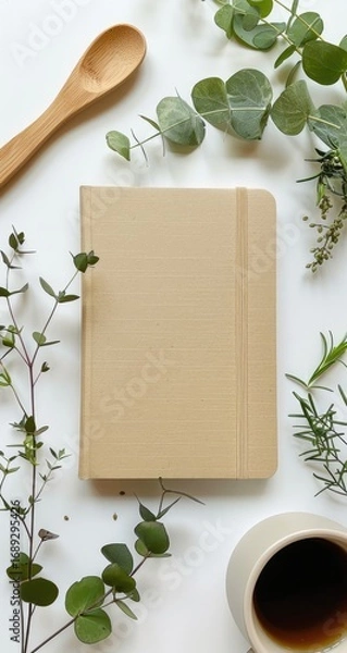 Fototapeta Beige notebook surrounded by greenery and a wooden spoon, coffee cup, on a white background