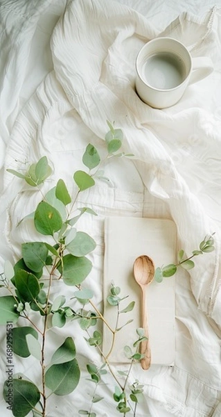 Fototapeta Soft, white draped fabric, green eucalyptus sprigs, a book, and a wooden spoon.  A cream-colored bowl sits atop the fabric