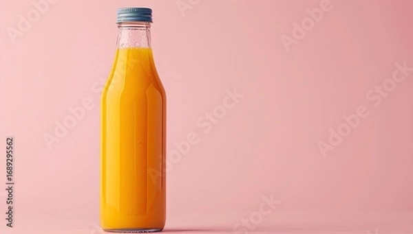 Fototapeta A clear glass bottle filled with orange juice, standing on a pink surface.  The bottle has a light-blue lid