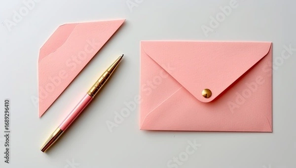 Fototapeta Two pink envelopes and a pen on a white surface