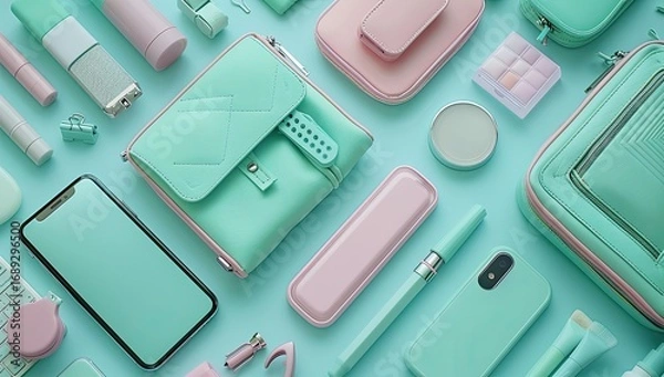 Fototapeta Pastel mint and rose accessories arranged on a mint-colored background.  Various bags, pouches, and small items, including a phone, keyboard, and makeup