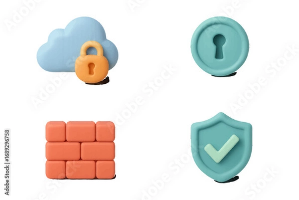 Fototapeta Set of modern 3D icons for internet security concepts like cloud data protection, firewall, access lock, and safety shield