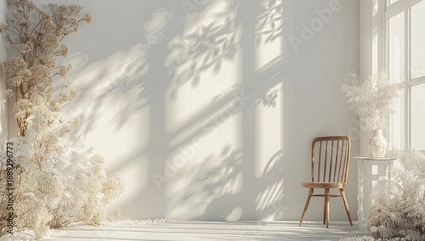 Fototapeta A sunlit, minimalist room with pale beige walls,  a wooden chair, and  muted floral arrangements.  Soft shadows fall across the wall from an out-of-frame window