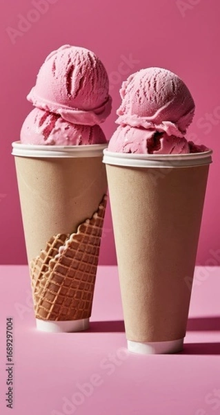 Fototapeta Two scoops of pink ice cream in paper cups, nestled in waffle cones