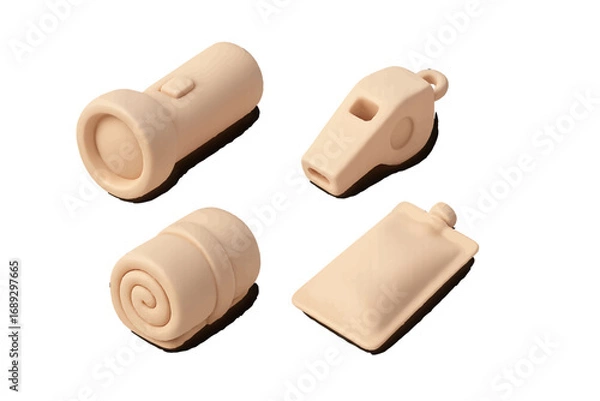 Fototapeta Minimalist 3D icons of an emergency survival kit including a flashlight, whistle, blanket, and water pouch on an isolated white background