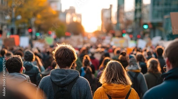 Fototapeta Diverse Crowd Participating in Peaceful Protest at Sunset in Urban Environment