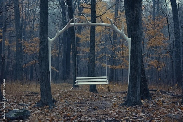 Fototapeta A tranquil white swing suspended between trees in a misty autumn forest