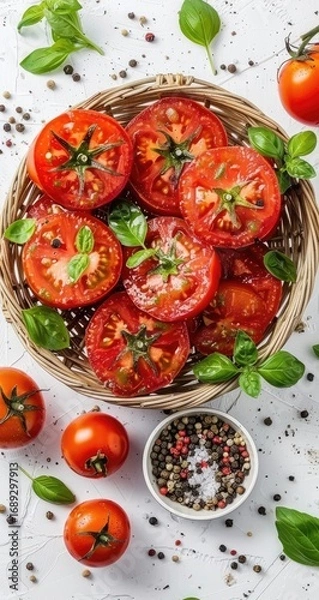 Fototapeta Sliced tomatoes in a shallow woven basket, surrounded by fresh basil leaves and peppercorns.  A top-down view on a white surface