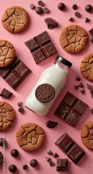 Fototapeta Chocolate cookies, milk, and chocolate pieces arranged on a pink surface