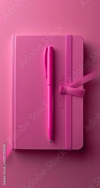 Fototapeta Pink notebook and pen on a pink surface