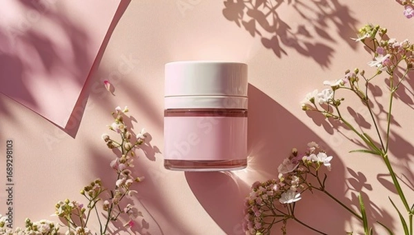 Fototapeta Pink cosmetic jar, flowers, sunlight shadows