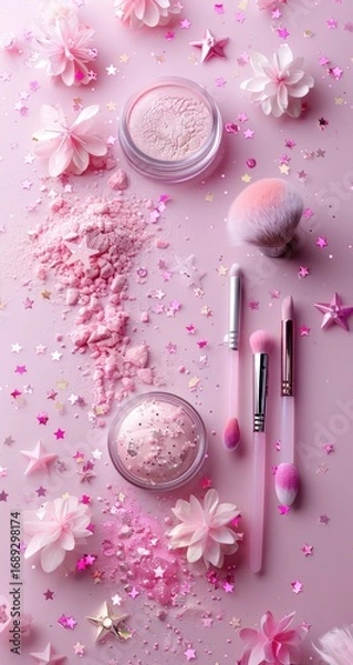 Fototapeta Pink cosmetic products arranged on a pink background.  Scattered glitter, flowers, and star confetti adorn the scene.  Three makeup brushes and a jar of loose powder are visible